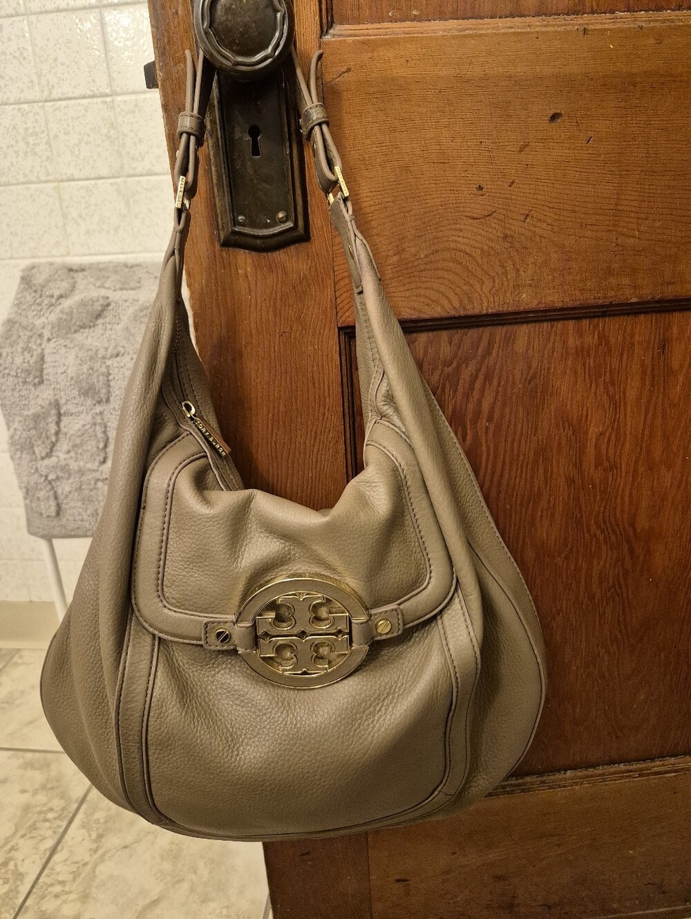 Tory Burch Taupe Pebbled Leather Hobo with Gold Logo
